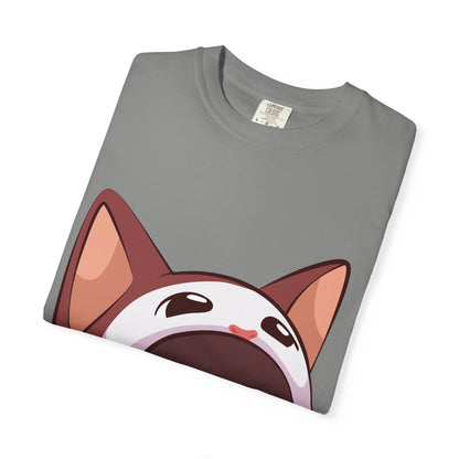 POPCAT Whimsical Cat Face T-Shirt, Unisex Garment-Dyed Tee for Cat Lovers, Cute Casual Wear, Gift for Pet Owners, Perfect for Everyday Style
