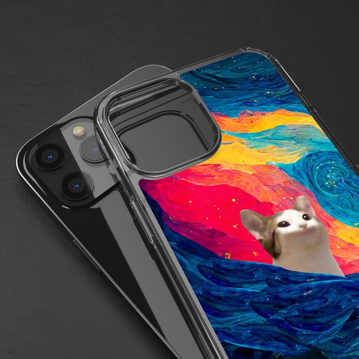 POPCAT Colorful Cat Phone Case, Artistic Clear Cases for Cat Lovers, Unique Gift, Customizable Phone Cover, Fun Pet Accessory, Vibrant Design