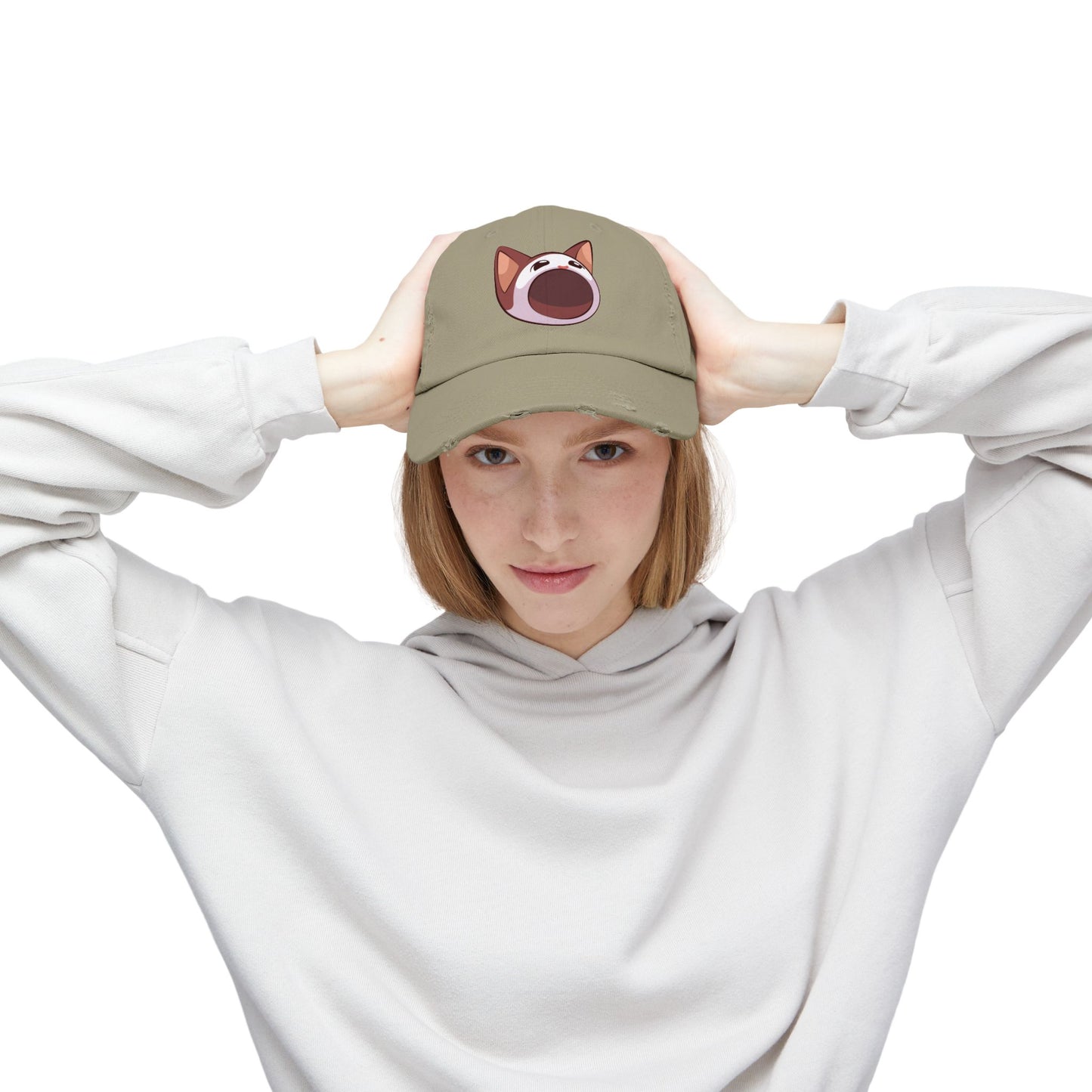 POPCAT Unisex Distressed Cap with Playful Cat Design, Funny Hat for Cat Lovers, Casual Accessory for Summer, Birthday Gift, Pet Enthusiast Cap