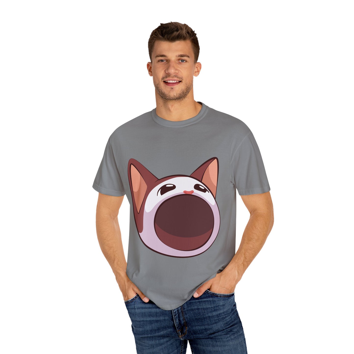 POPCAT Whimsical Cat Face T-Shirt, Unisex Garment-Dyed Tee for Cat Lovers, Cute Casual Wear, Gift for Pet Owners, Perfect for Everyday Style