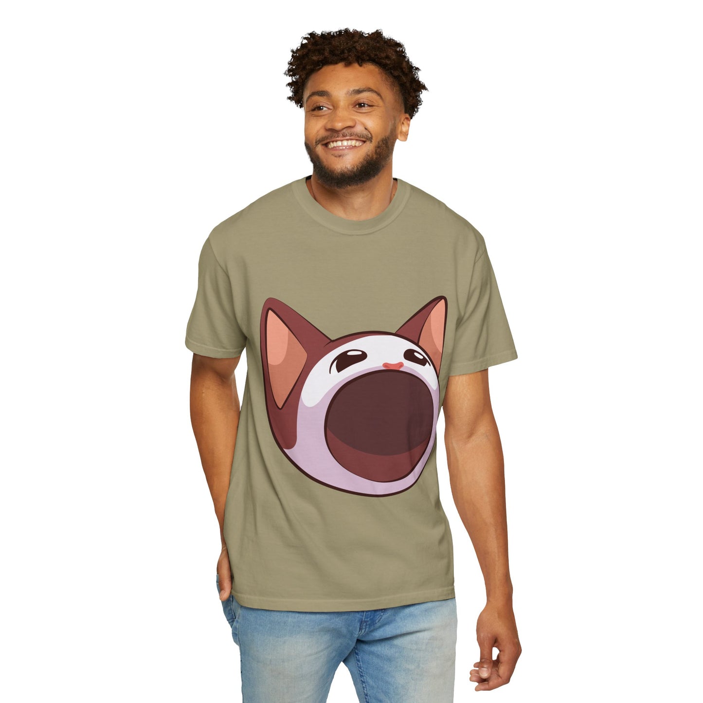 POPCAT Whimsical Cat Face T-Shirt, Unisex Garment-Dyed Tee for Cat Lovers, Cute Casual Wear, Gift for Pet Owners, Perfect for Everyday Style