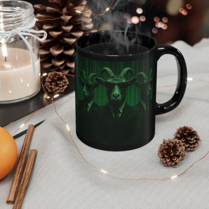 Matrix Goat Themed Black Mug, Unique Gift for Creatives, Coffee Lover's Necessity, Perfect for Halloween, Occasional Décor