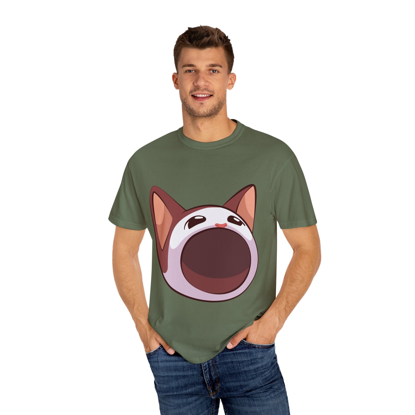 POPCAT Whimsical Cat Face T-Shirt, Unisex Garment-Dyed Tee for Cat Lovers, Cute Casual Wear, Gift for Pet Owners, Perfect for Everyday Style