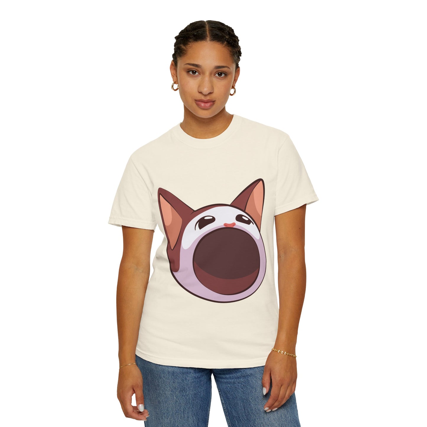 POPCAT Whimsical Cat Face T-Shirt, Unisex Garment-Dyed Tee for Cat Lovers, Cute Casual Wear, Gift for Pet Owners, Perfect for Everyday Style
