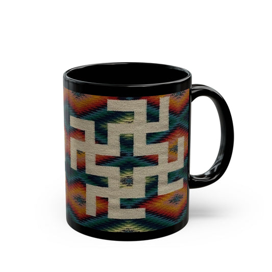 Yei Stylish Black Mug with Tribal Design, Perfect for Coffee Lovers, Gifts for Him/Her, Boho Home Decor, Unique Tea Mug, Customizable Drinkware