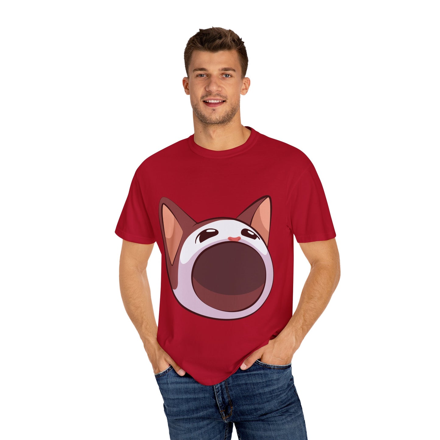 POPCAT Whimsical Cat Face T-Shirt, Unisex Garment-Dyed Tee for Cat Lovers, Cute Casual Wear, Gift for Pet Owners, Perfect for Everyday Style