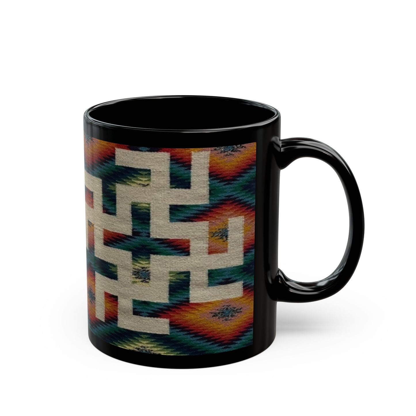 Yei Stylish Black Mug with Tribal Design, Perfect for Coffee Lovers, Gifts for Him/Her, Boho Home Decor, Unique Tea Mug, Customizable Drinkware