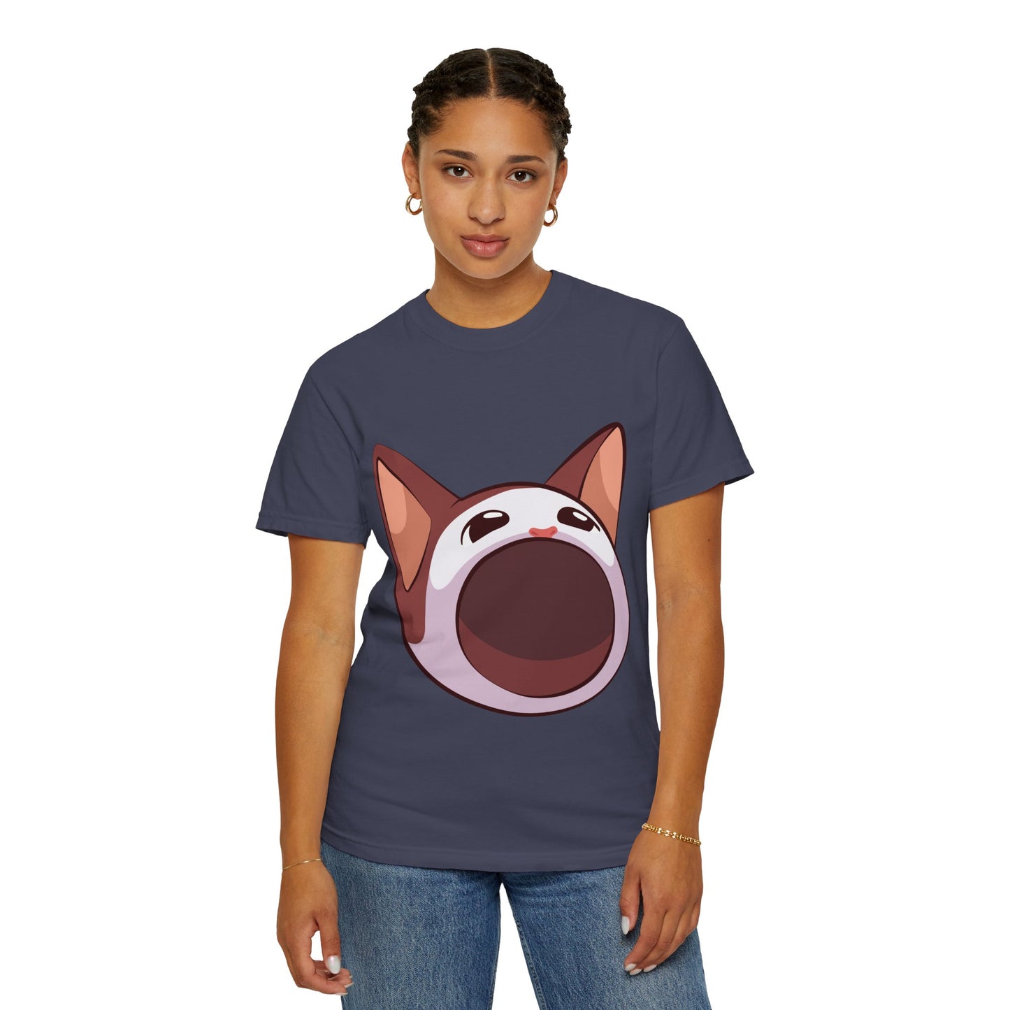 POPCAT Whimsical Cat Face T-Shirt, Unisex Garment-Dyed Tee for Cat Lovers, Cute Casual Wear, Gift for Pet Owners, Perfect for Everyday Style