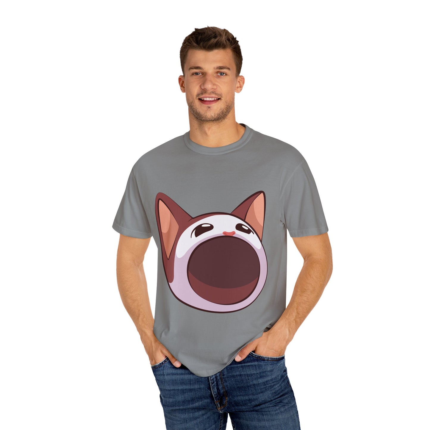 POPCAT Whimsical Cat Face T-Shirt, Unisex Garment-Dyed Tee for Cat Lovers, Cute Casual Wear, Gift for Pet Owners, Perfect for Everyday Style