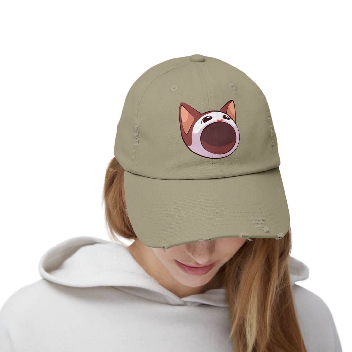 POPCAT Unisex Distressed Cap with Playful Cat Design, Funny Hat for Cat Lovers, Casual Accessory for Summer, Birthday Gift, Pet Enthusiast Cap