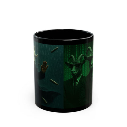 Matrix Goat Themed Black Mug, Unique Gift for Creatives, Coffee Lover's Necessity, Perfect for Halloween, Occasional Décor