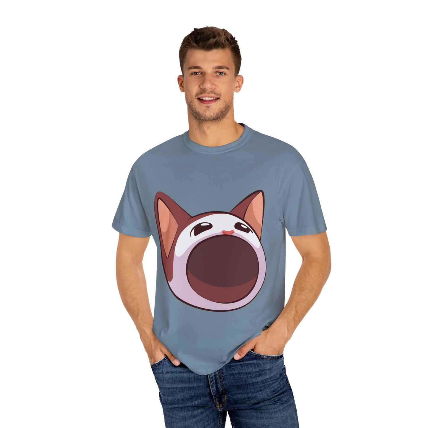 POPCAT Whimsical Cat Face T-Shirt, Unisex Garment-Dyed Tee for Cat Lovers, Cute Casual Wear, Gift for Pet Owners, Perfect for Everyday Style