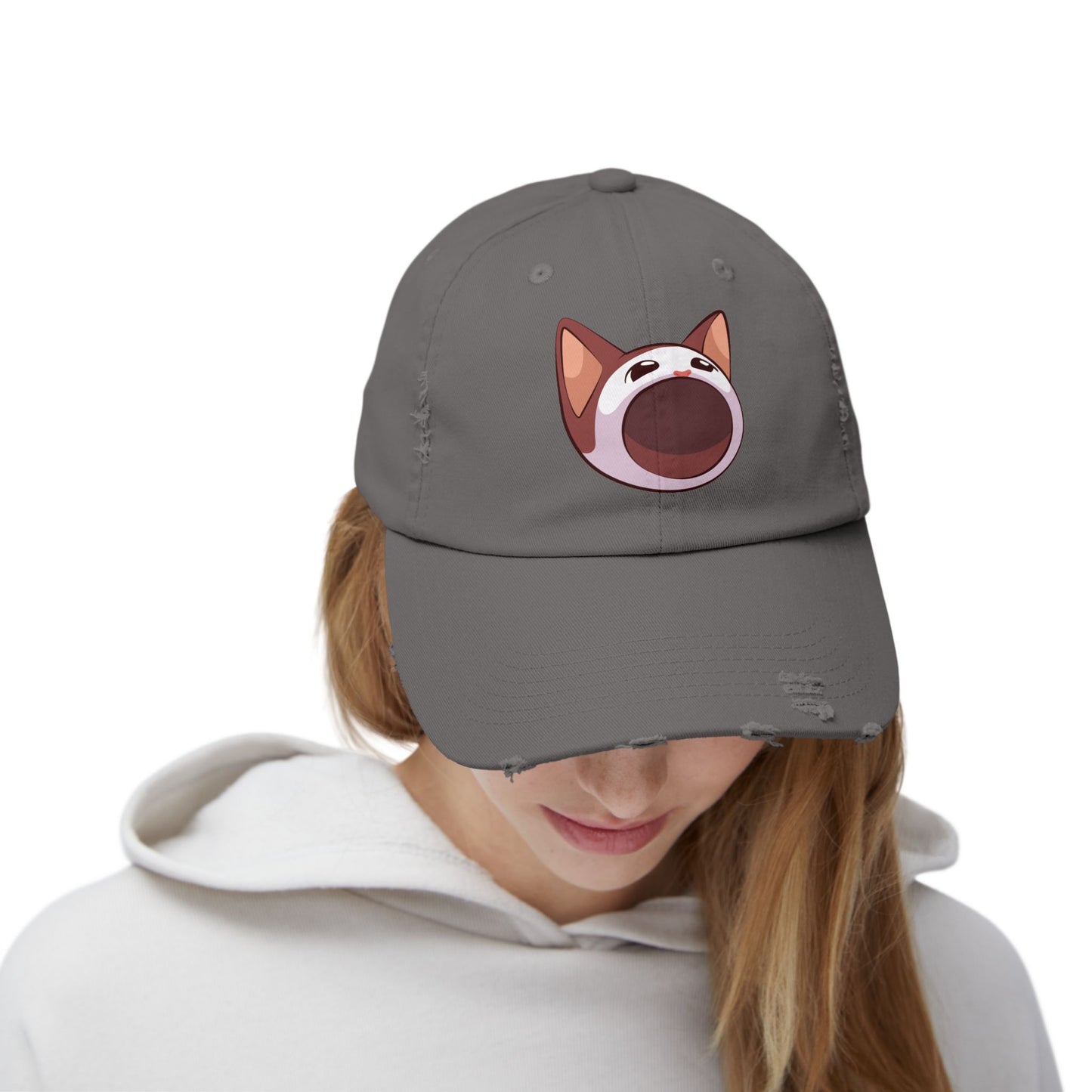 POPCAT Unisex Distressed Cap with Playful Cat Design, Funny Hat for Cat Lovers, Casual Accessory for Summer, Birthday Gift, Pet Enthusiast Cap