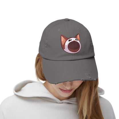 POPCAT Unisex Distressed Cap with Playful Cat Design, Funny Hat for Cat Lovers, Casual Accessory for Summer, Birthday Gift, Pet Enthusiast Cap