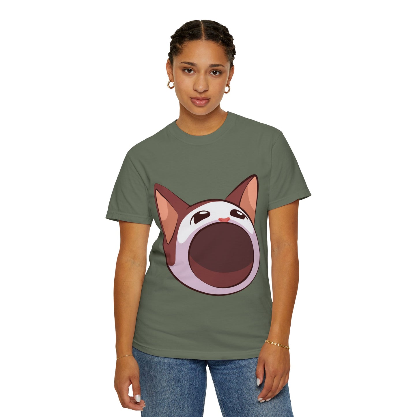 POPCAT Whimsical Cat Face T-Shirt, Unisex Garment-Dyed Tee for Cat Lovers, Cute Casual Wear, Gift for Pet Owners, Perfect for Everyday Style