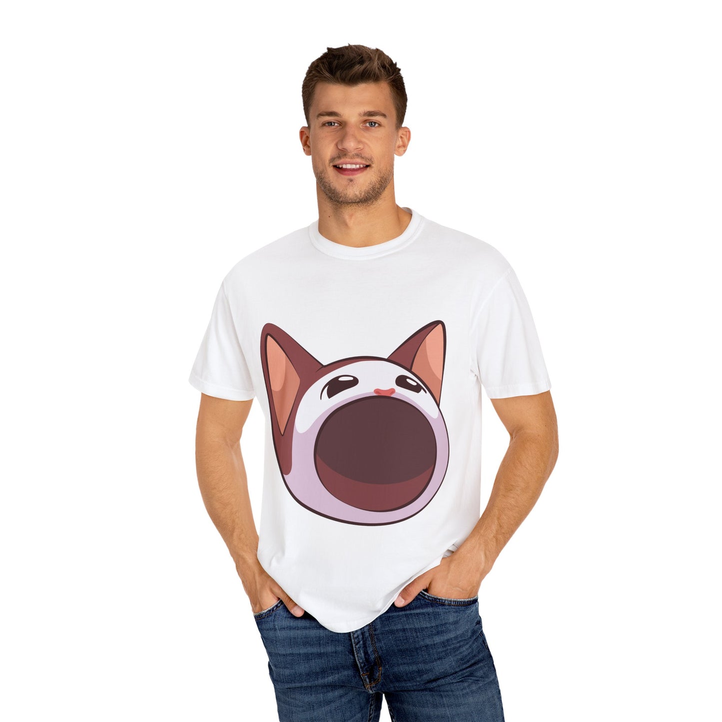 POPCAT Whimsical Cat Face T-Shirt, Unisex Garment-Dyed Tee for Cat Lovers, Cute Casual Wear, Gift for Pet Owners, Perfect for Everyday Style