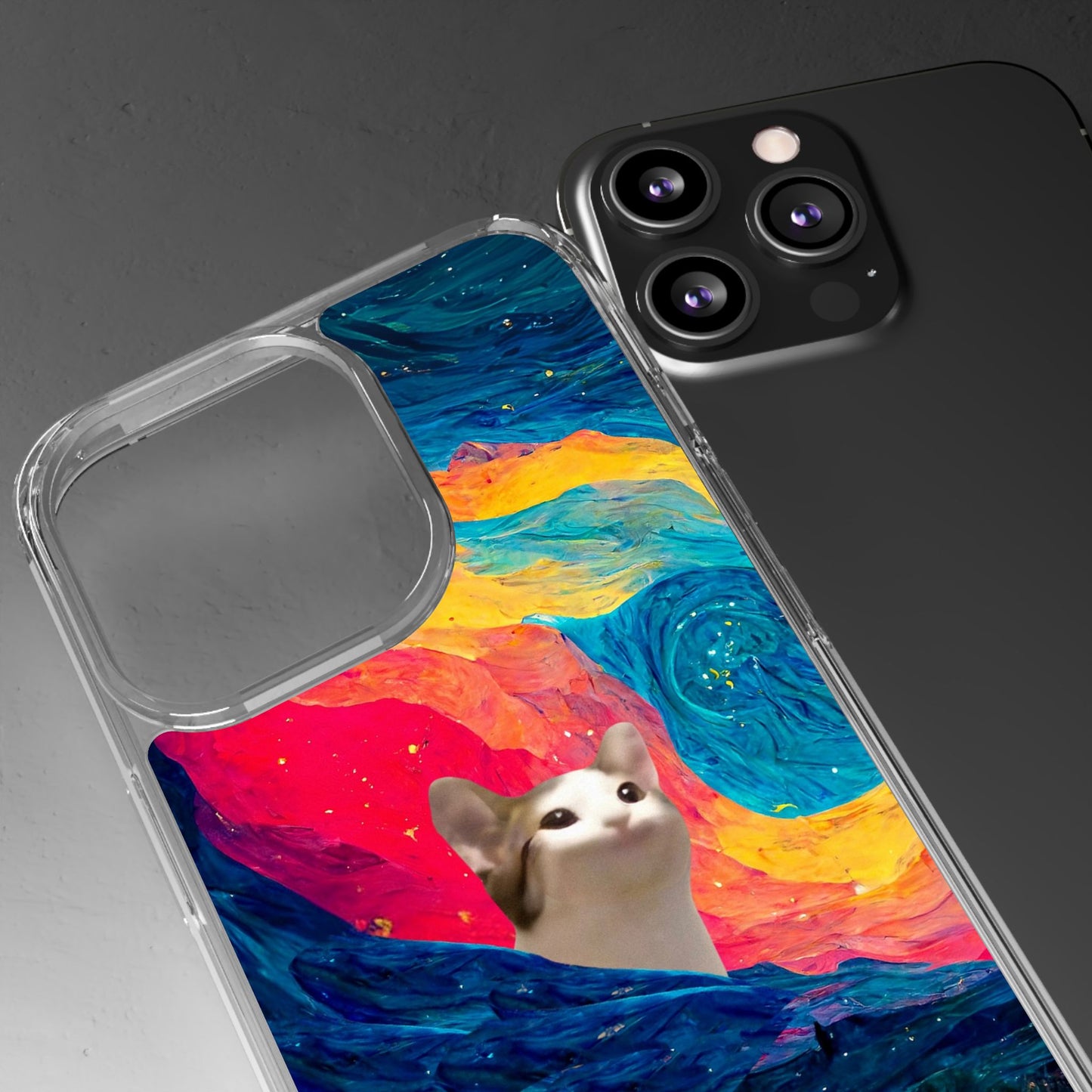 POPCAT Colorful Cat Phone Case, Artistic Clear Cases for Cat Lovers, Unique Gift, Customizable Phone Cover, Fun Pet Accessory, Vibrant Design