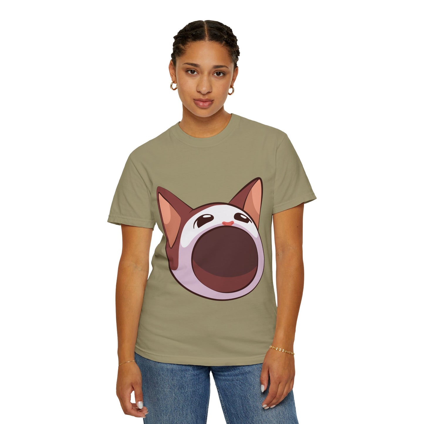 POPCAT Whimsical Cat Face T-Shirt, Unisex Garment-Dyed Tee for Cat Lovers, Cute Casual Wear, Gift for Pet Owners, Perfect for Everyday Style